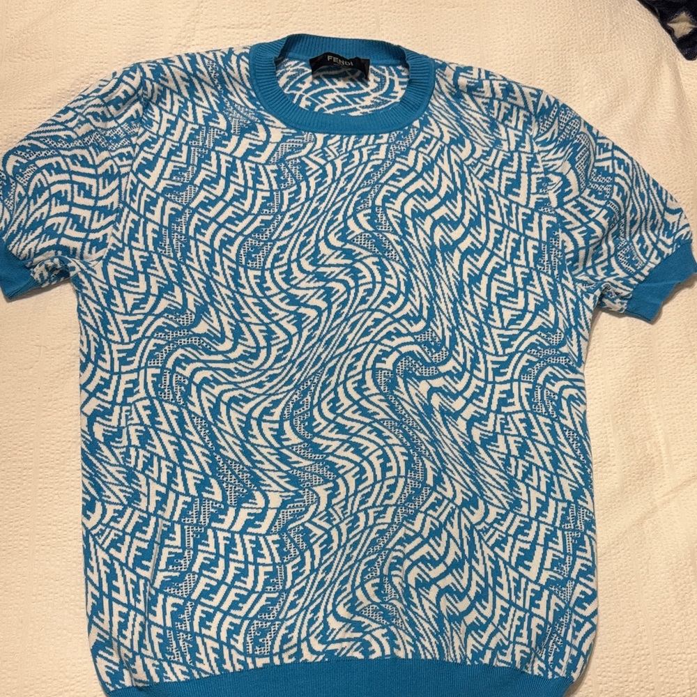 Fendi Blue & White Wave-Pattern Crewneck Sweater